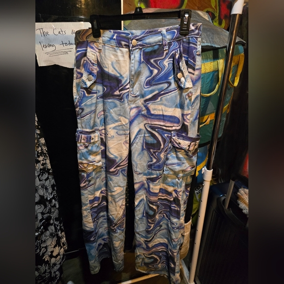 SHEIN Blue Swirl Cargo Pants - Picture 1 of 5